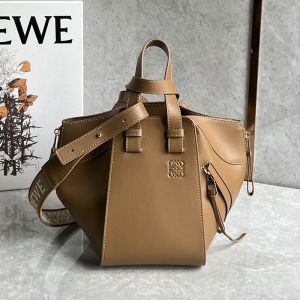 Loewe Compact Hammock Bag with Jacquard Strap In Satin Calfskin Camel