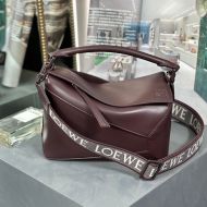 Loewe Small Puzzle Edge Bag with Jacquard Strap In Satin Calfskin Burgundy