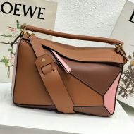 Loewe Puzzle Bag Patchwork Calfskin In Brown/Pink