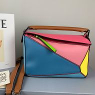 Loewe Small Puzzle Bag Patchwork Calfskin In Blue/Pink