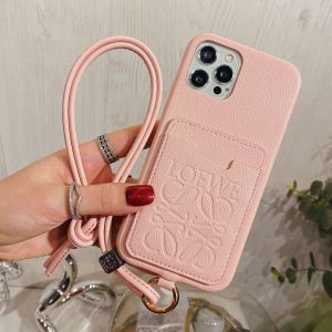 Loewe Anagram iPhone Case with Card Holder In Grained Leather Pink