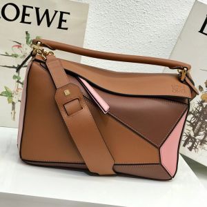Loewe Medium Puzzle Bag Patchwork Calfskin In Brown/Pink